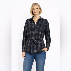 LIVERPOOL Belted Shirt Jacket In Black Queen Plaid NWT